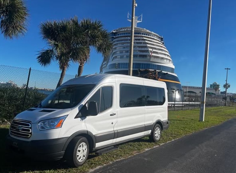 Black luxury vehicle on a palm-lined Orlando street